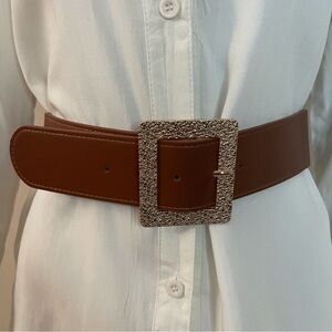 Plus size brown PU leather gold tone square buckle elastic waistband belt